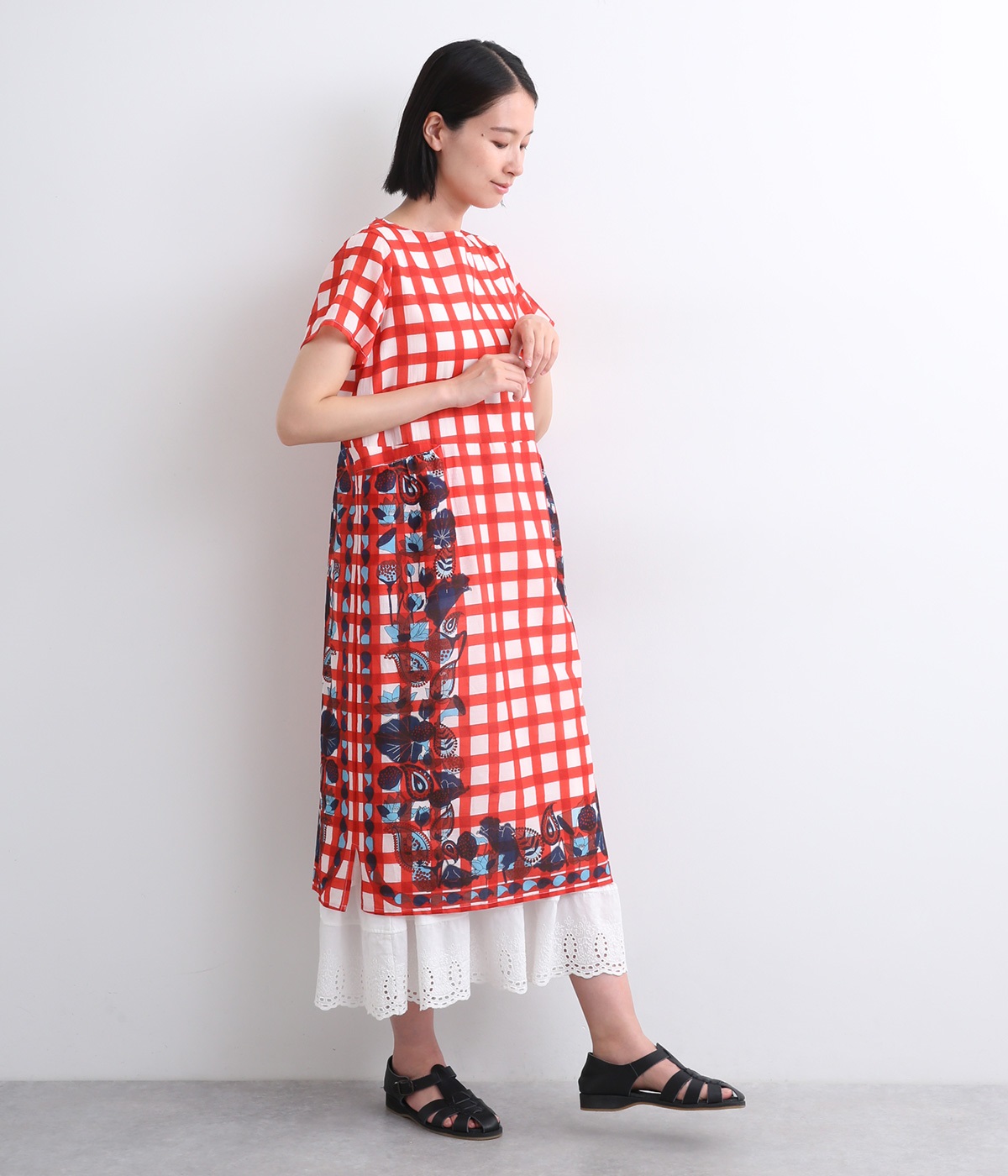 コットンボイルロータスチェックワンピース(レッド-ONESIZE)