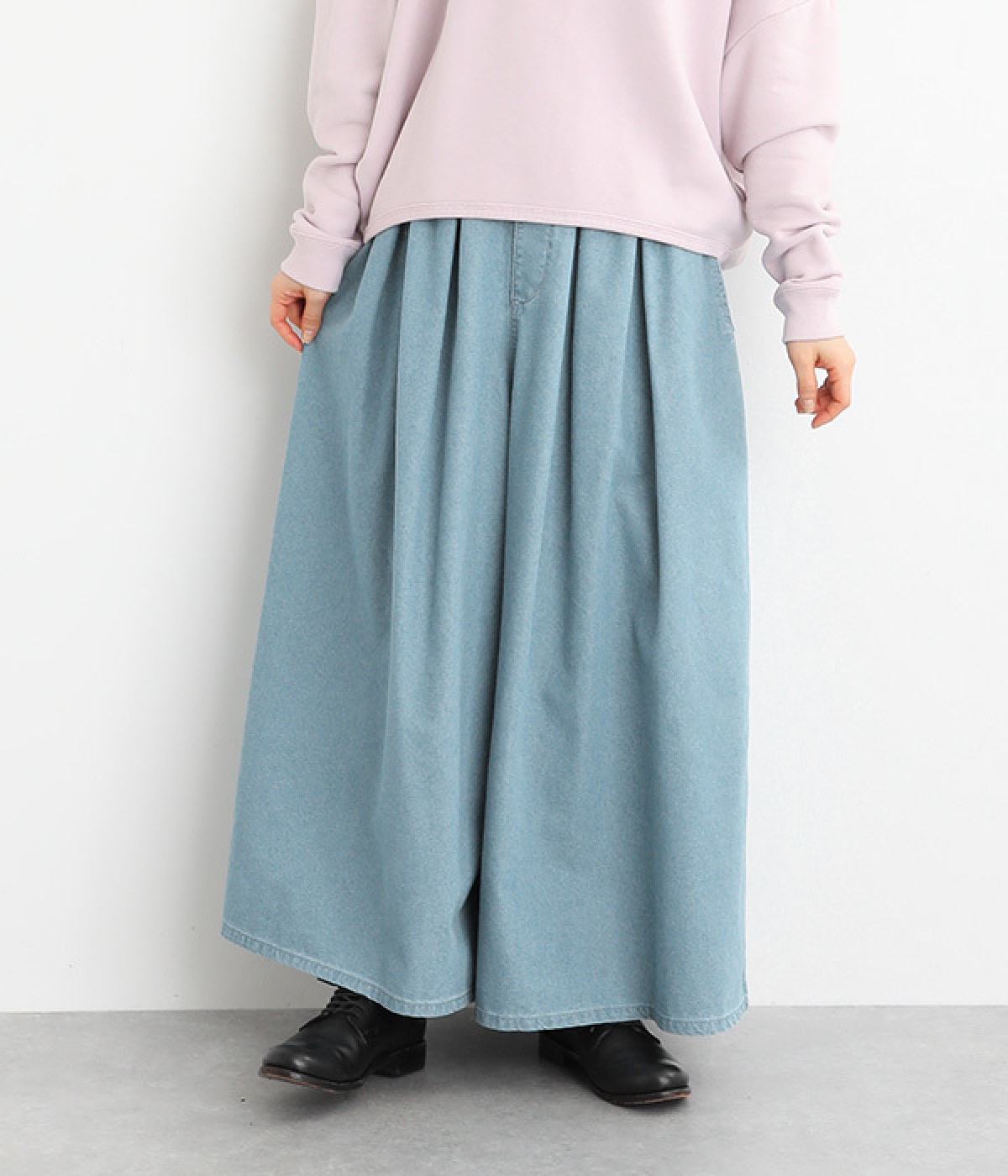クールデニムタックデザインワイドパンツ(ライトインディゴ-M)