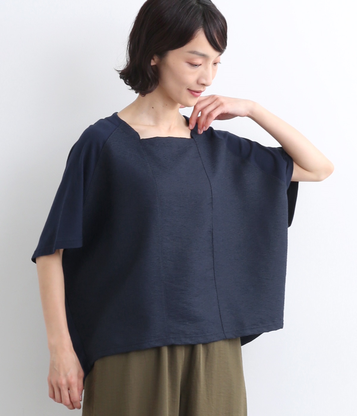 ジャカートコンビデザイントップス(ネイビー-ONESIZE)