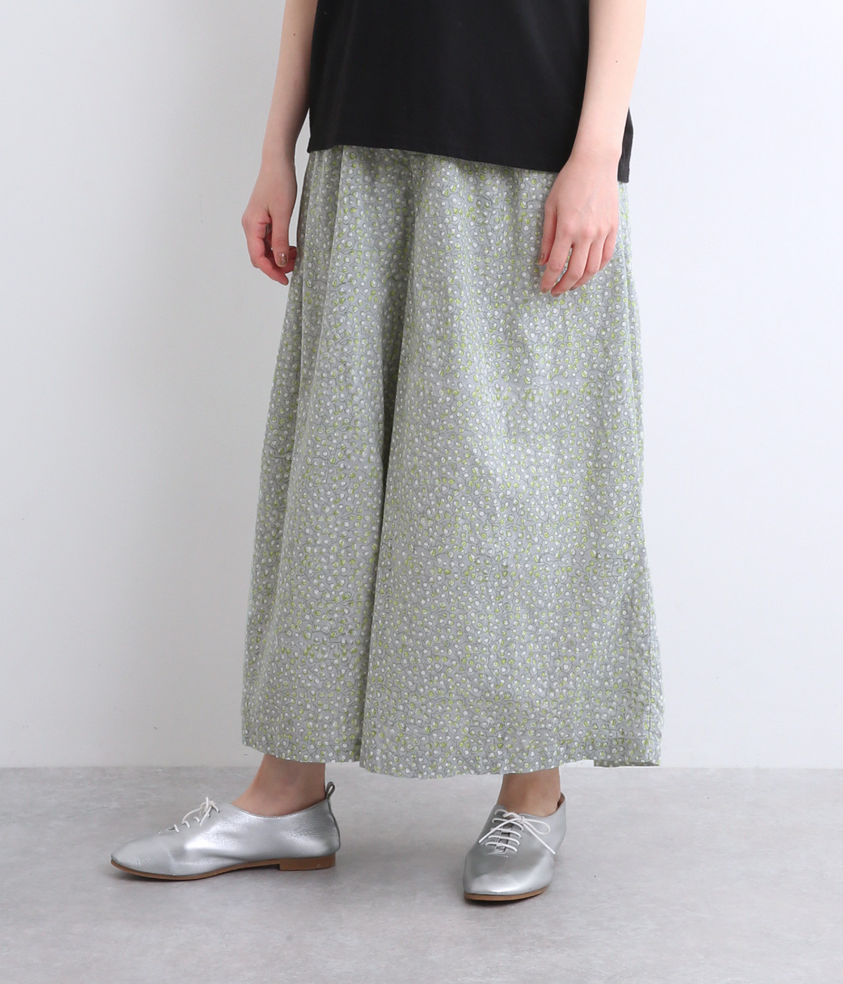 コットンブロックプリントワイドパンツ(グリーン-ONESIZE)
