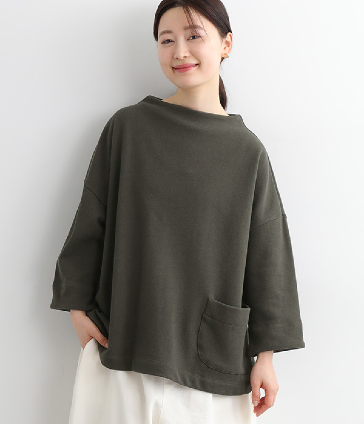 コットンリネンミニ裏毛モックネックワイドプルオーバー(チャコール-ONESIZE)