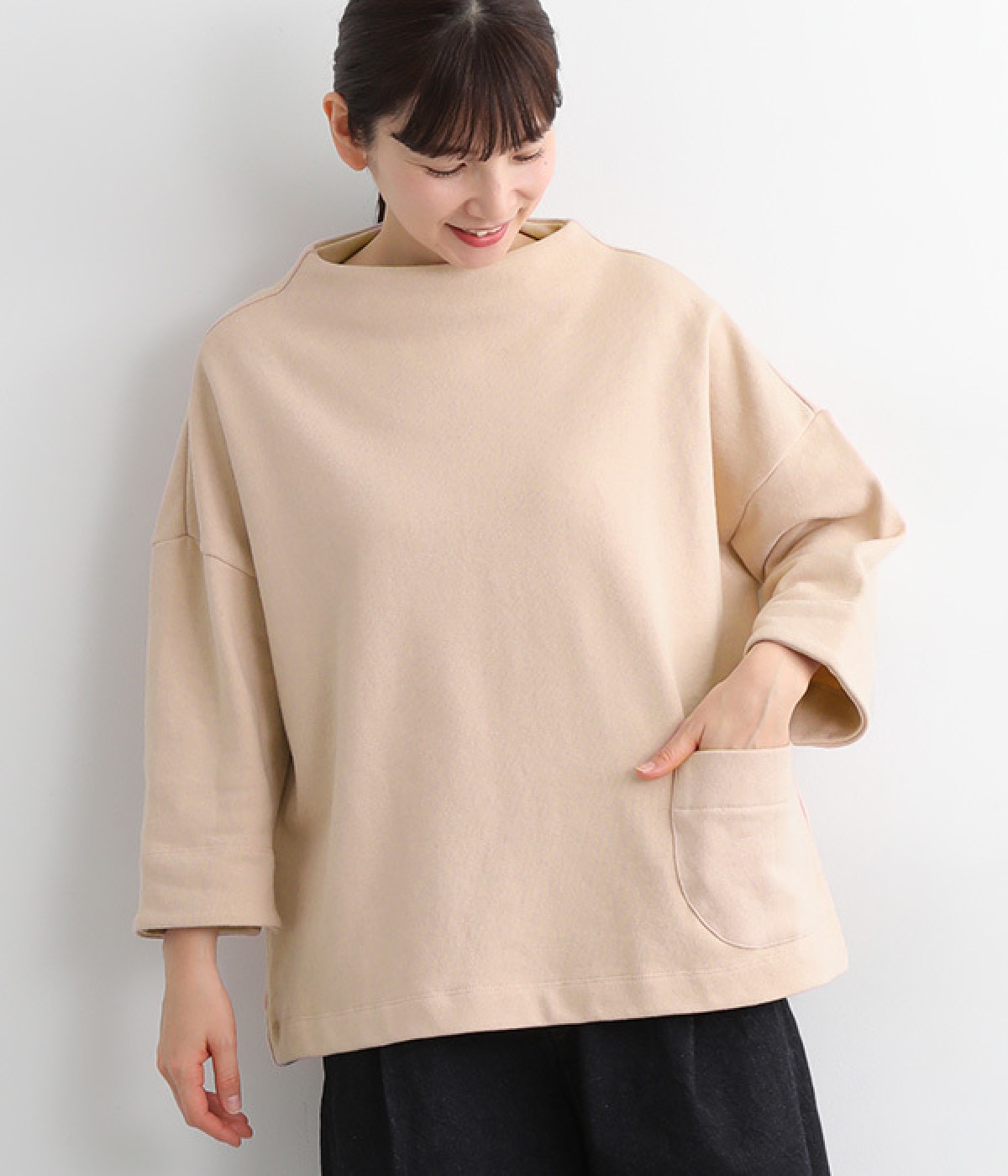 コットンリネンミニ裏毛モックネックワイドプルオーバー(ライトピンク-ONESIZE)
