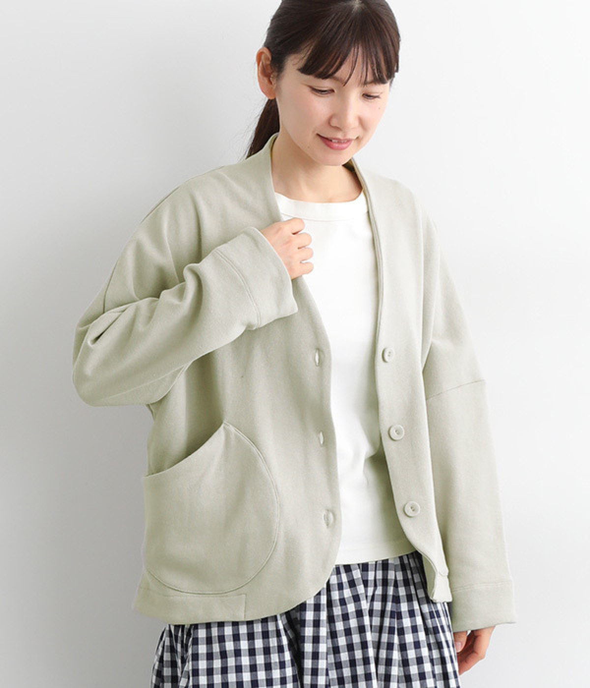 コットンリネンミニ裏毛ビックポケットカーディガン(パールグレー-ONESIZE)