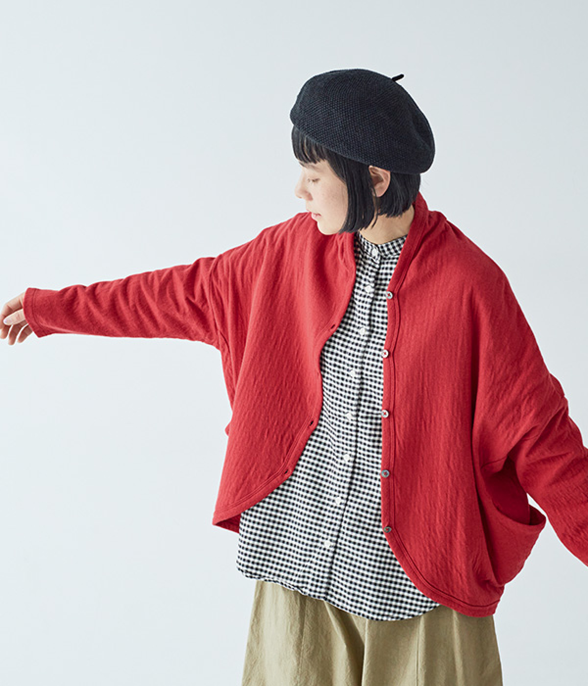 接結スーピマコットンカーディガン(レッド-ONESIZE)