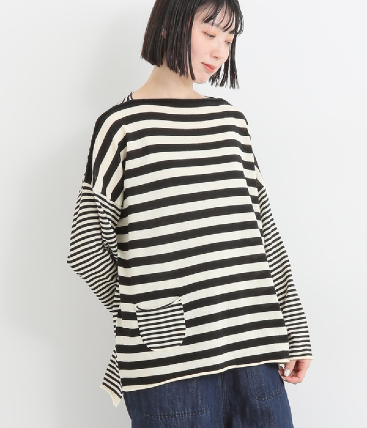 リネンコットンワイドニットプルオーバー(ブラック×アイボリー-ONESIZE)