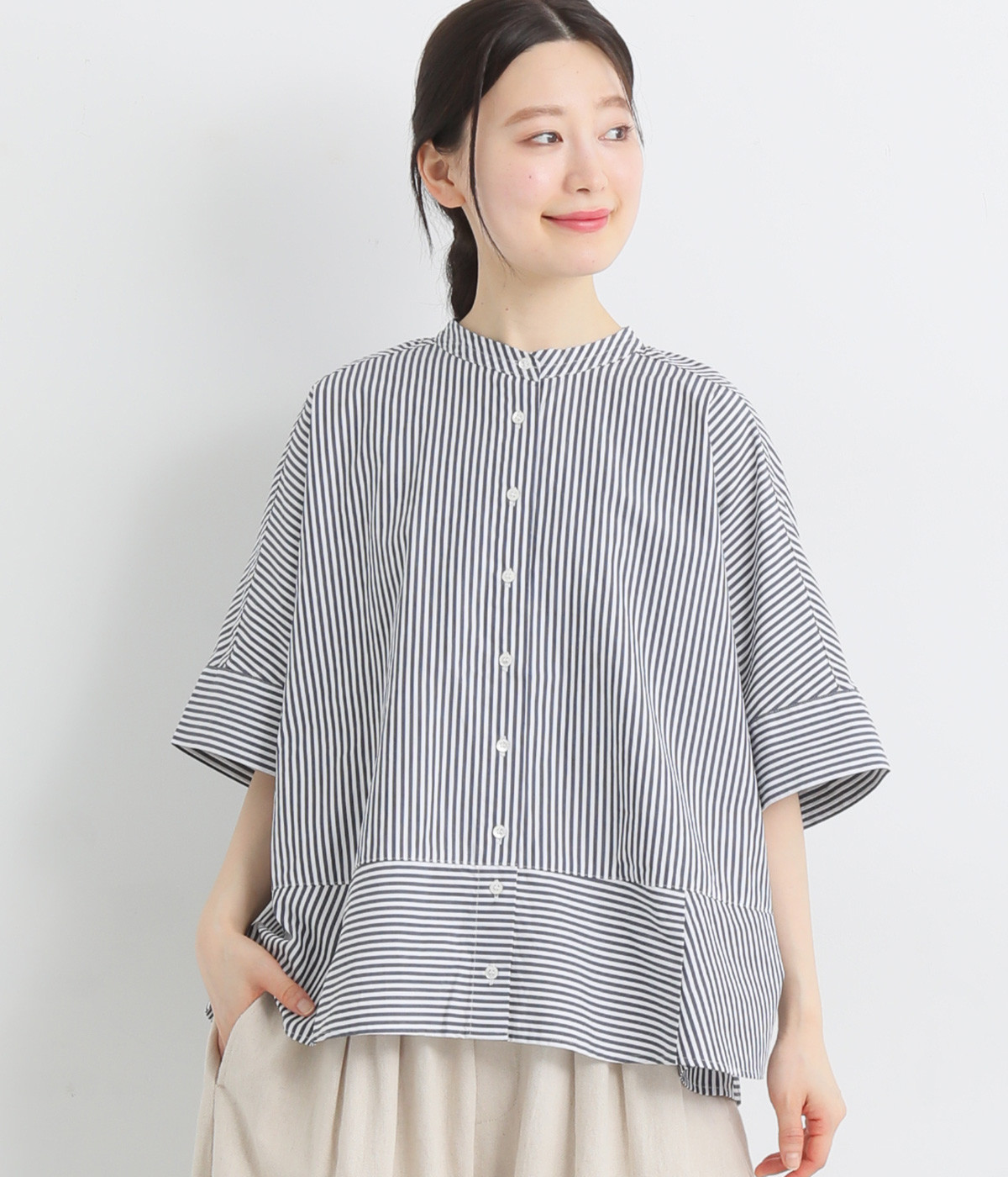 コットン切替えワイドブラウス(ネイビー系-ONESIZE)