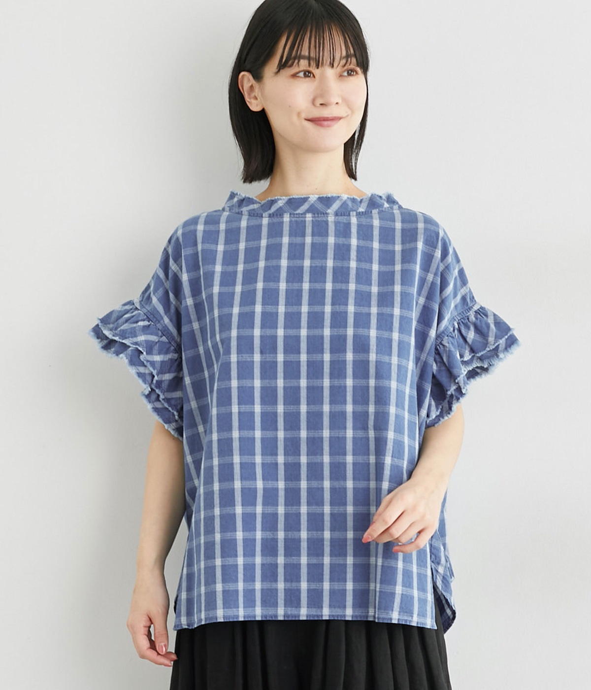 インディゴ染めチェックフリルスリーブワイドブラウス(インディゴブルー-ONESIZE)