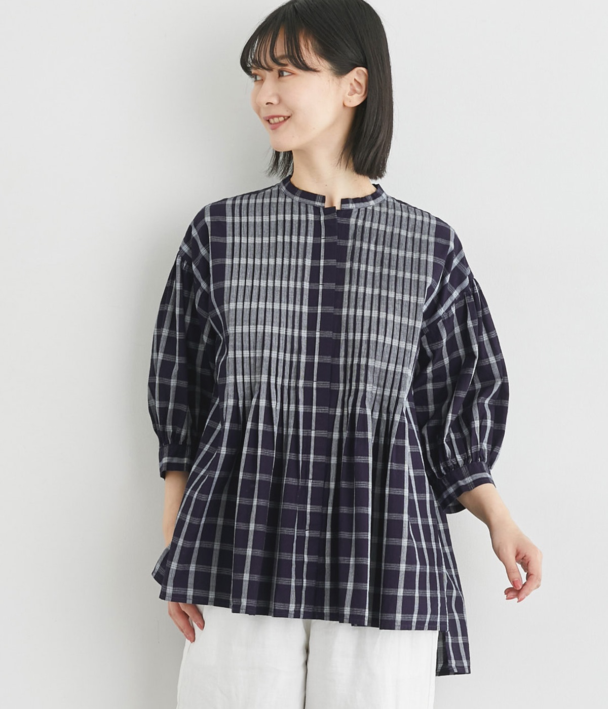 インディゴ染めチェックピンタックブラウス(インディゴネイビー-ONESIZE)
