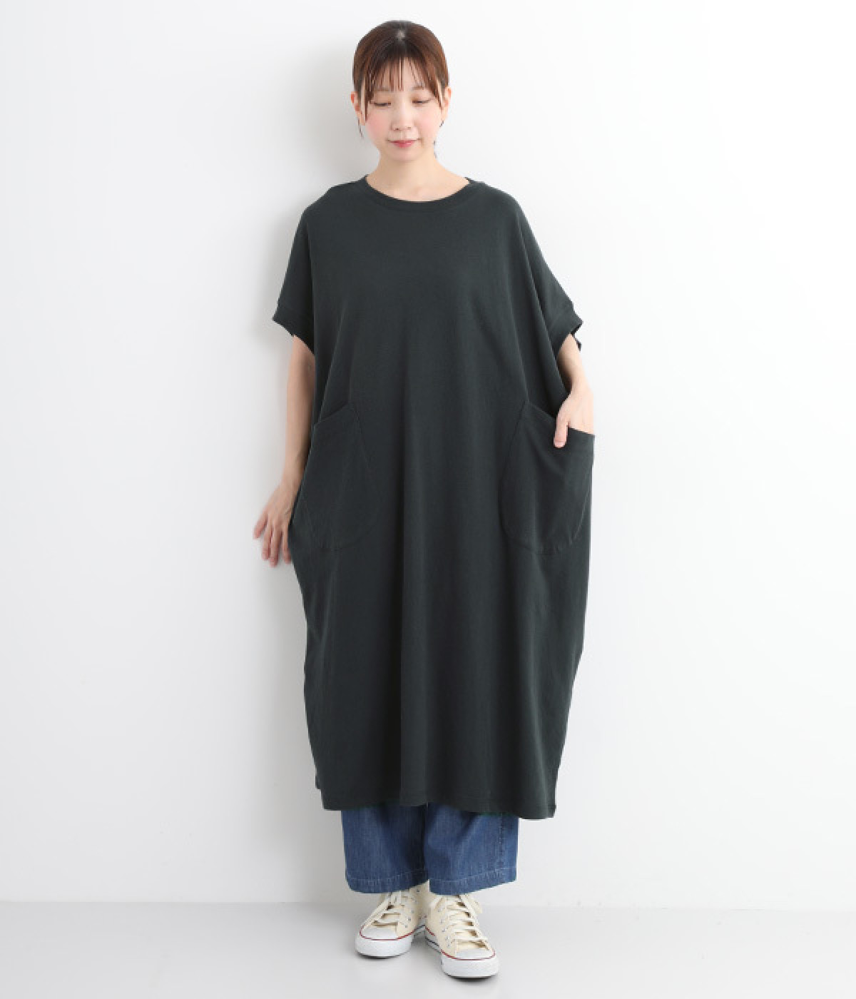コットン空紡糸天竺ワンピース(チャコール-ONESIZE)