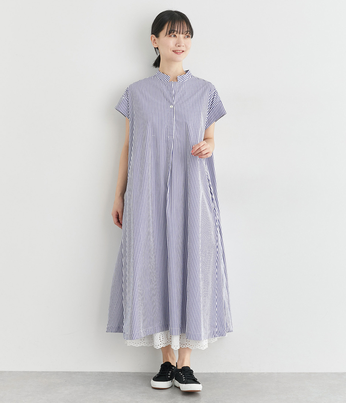 コットンフレンチスリーブワンピース(ブルー系-ONESIZE)