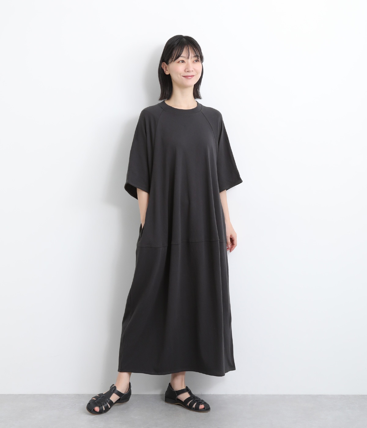 コットン空紡糸天竺コクーンシルエットワンピース(チャコール-ONESIZE)