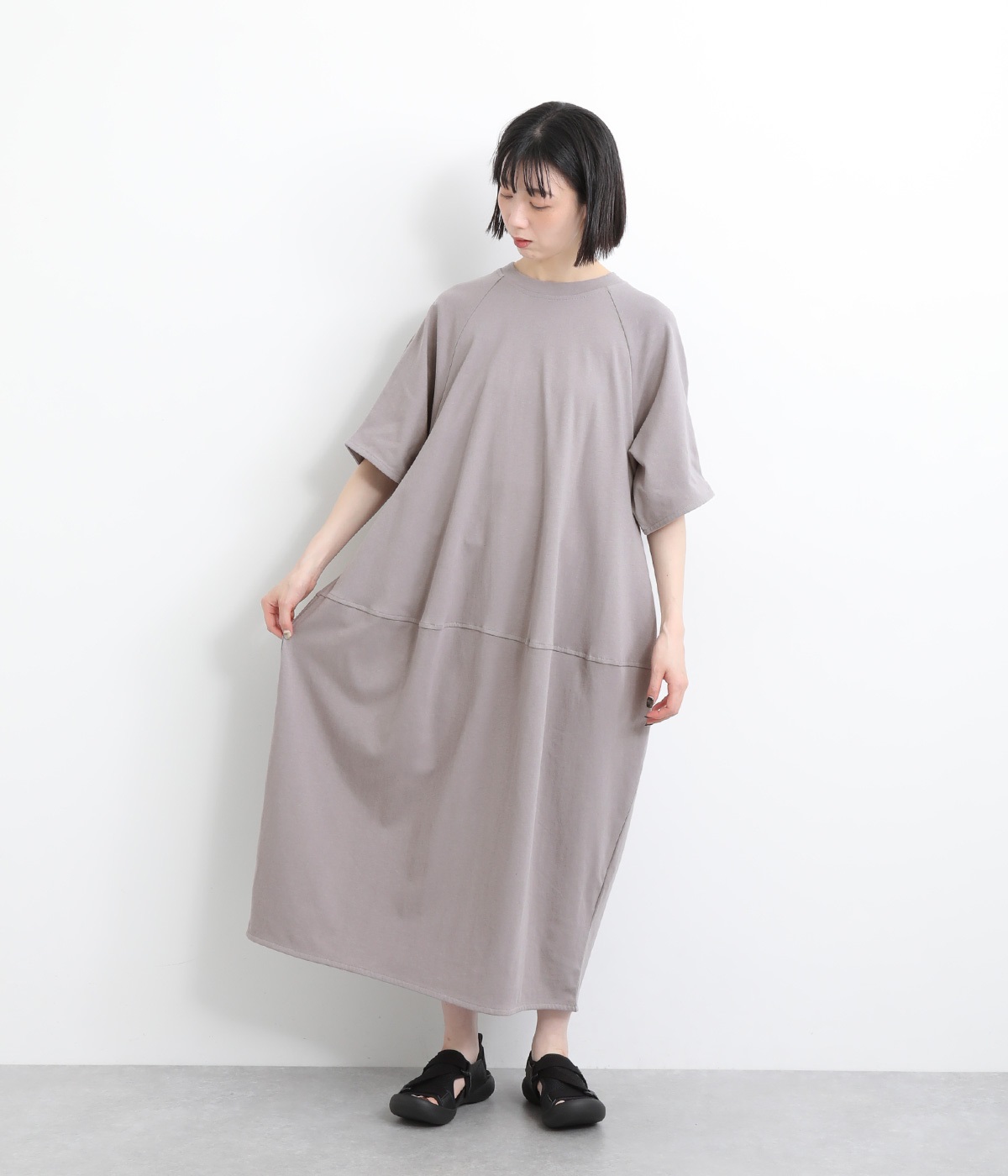 コットン空紡糸天竺コクーンシルエットワンピース(グレージュ-ONESIZE)