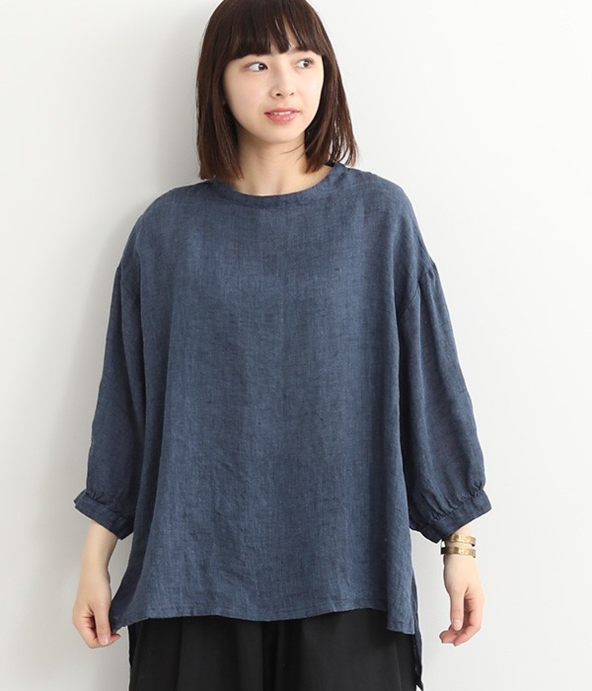 リネンシャンブレー　8分袖ブラウス(ブルー-ONESIZE)
