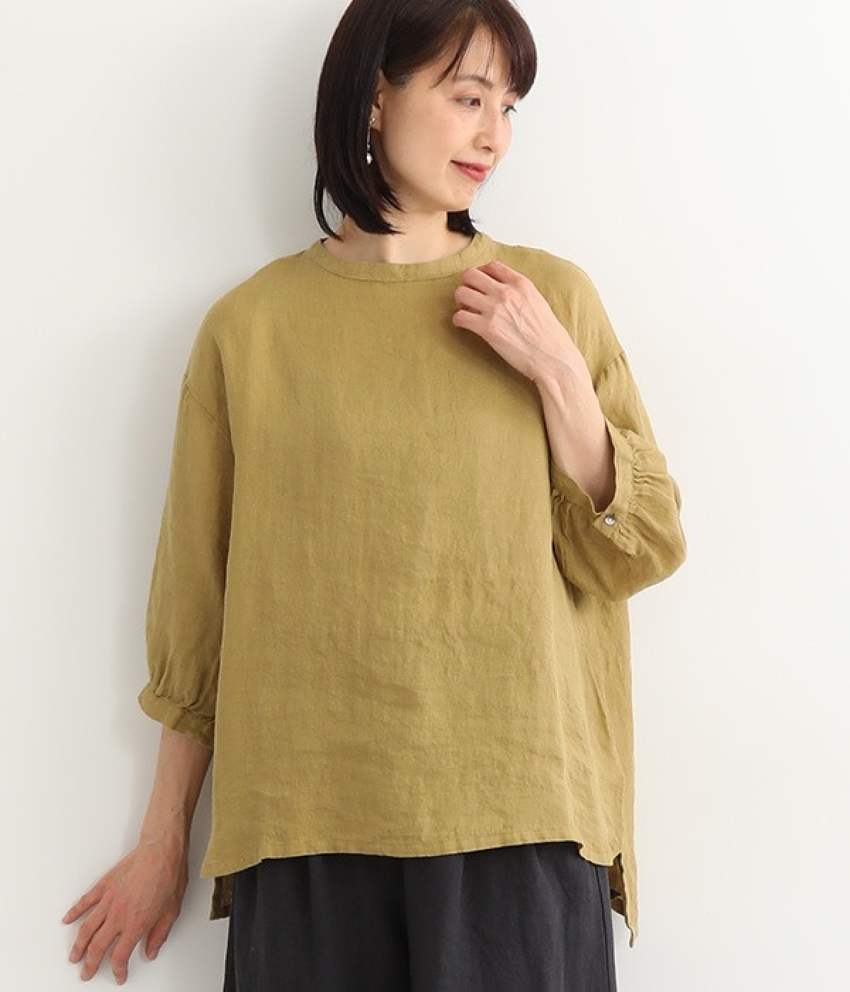 リネンシャンブレー　8分袖ブラウス(マスタード-ONESIZE)