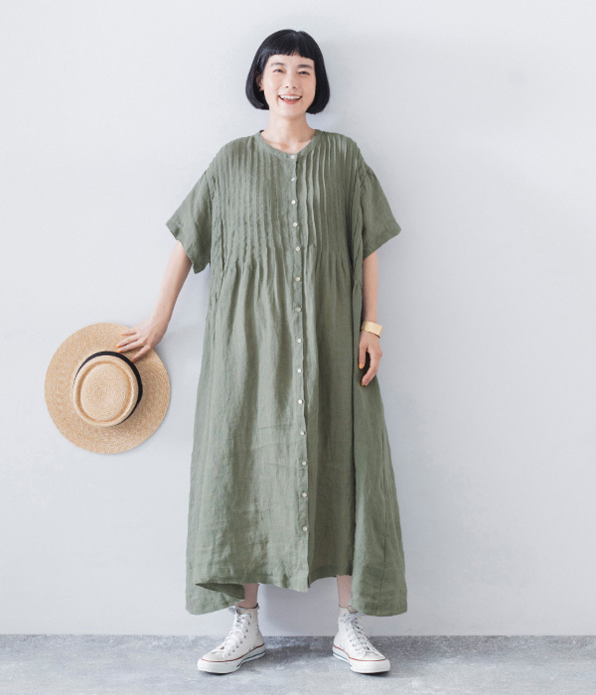 一部別注｜リネンシャンブレー　前ピンタックワンピース(ダルグリーン-ONESIZE)