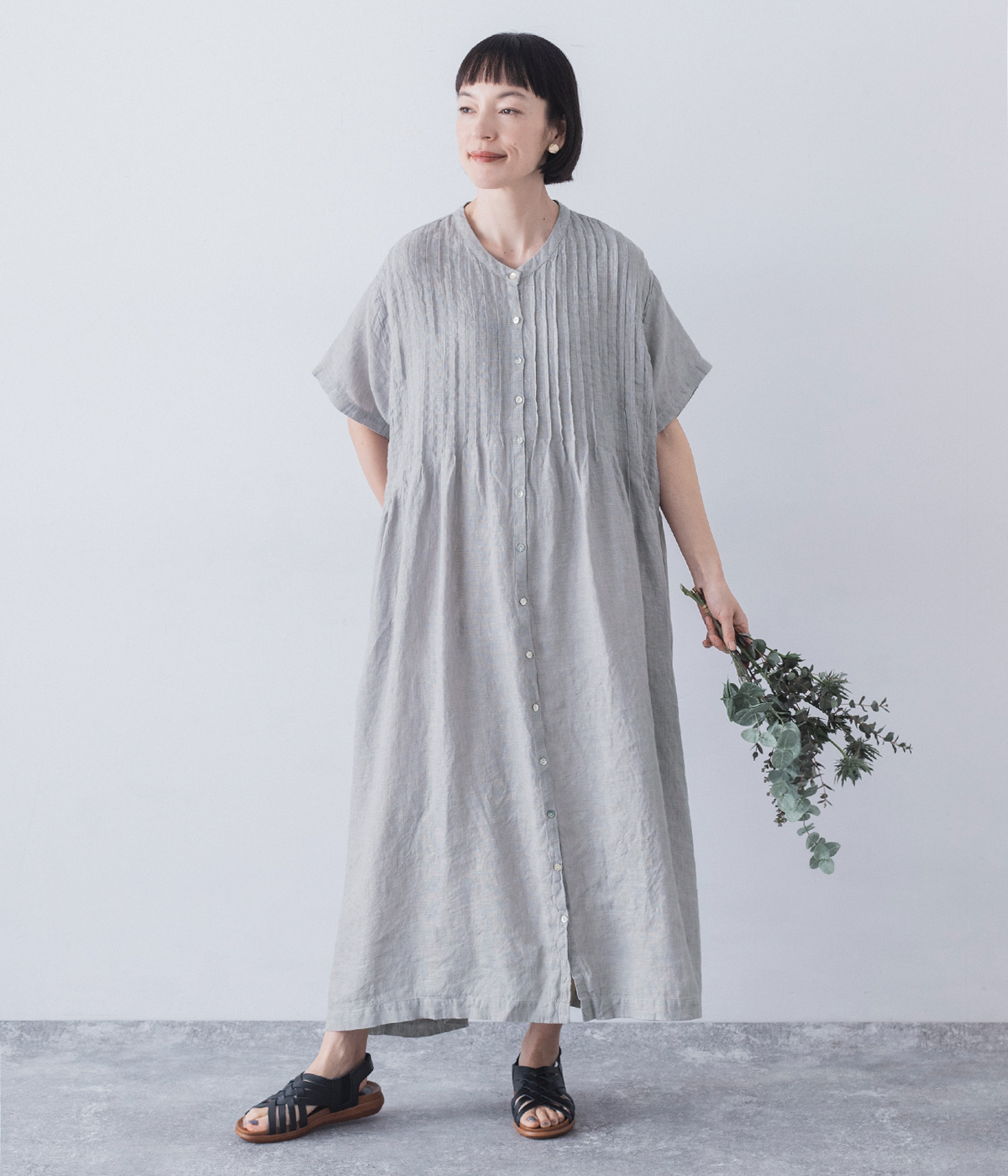 一部別注｜リネンシャンブレー　前ピンタックワンピース(スチールグレー-ONESIZE)