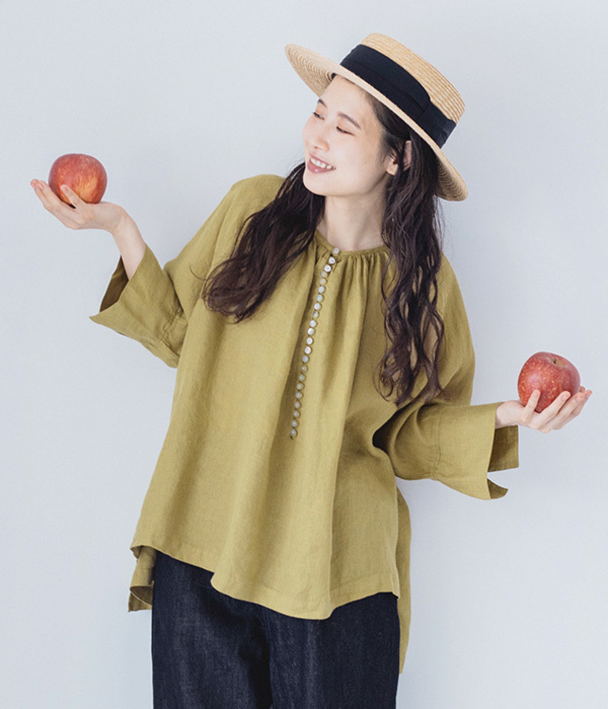 別注｜リネンシャンブレー多ボタンブラウス(マスタード-ONESIZE)