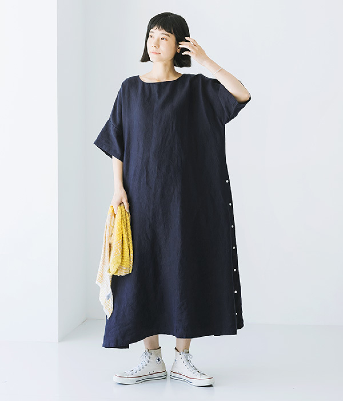別注｜サイドボタンリネンワンピース(ネイビー-ONESIZE)