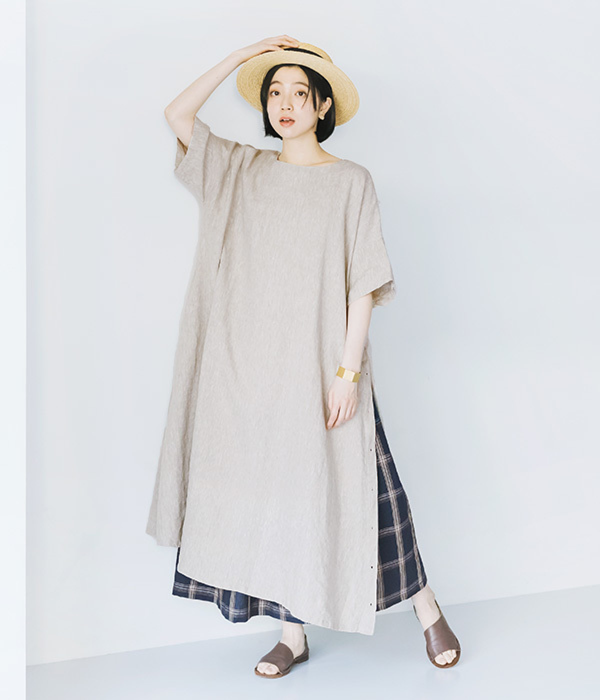 別注｜サイドボタンリネンワンピース(グレージュ-ONESIZE)