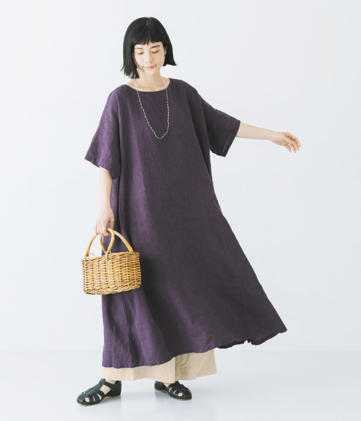 別注｜サイドボタンリネンワンピース(パープル-ONESIZE)