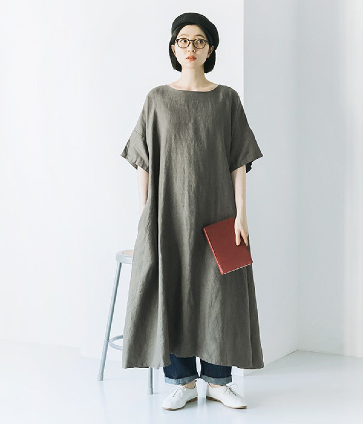 別注｜サイドボタンリネンワンピース(チャコール-ONESIZE)