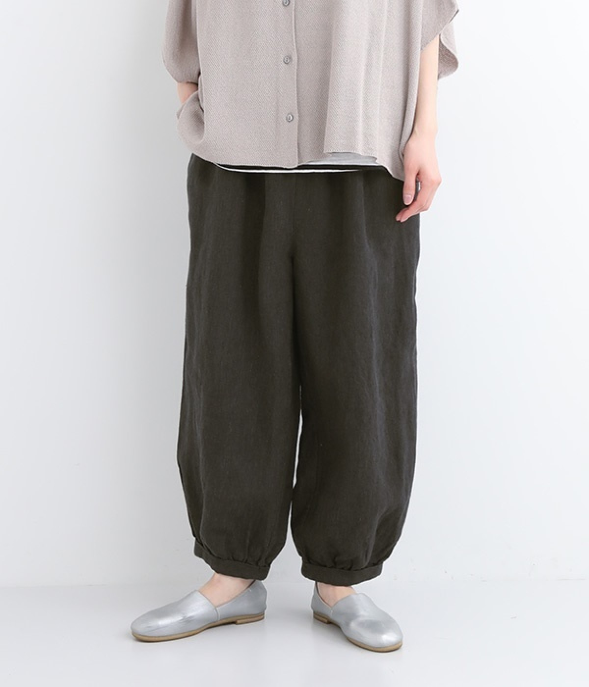 9番手リネン裾ギャザーパンツ(ブラック-ONESIZE)