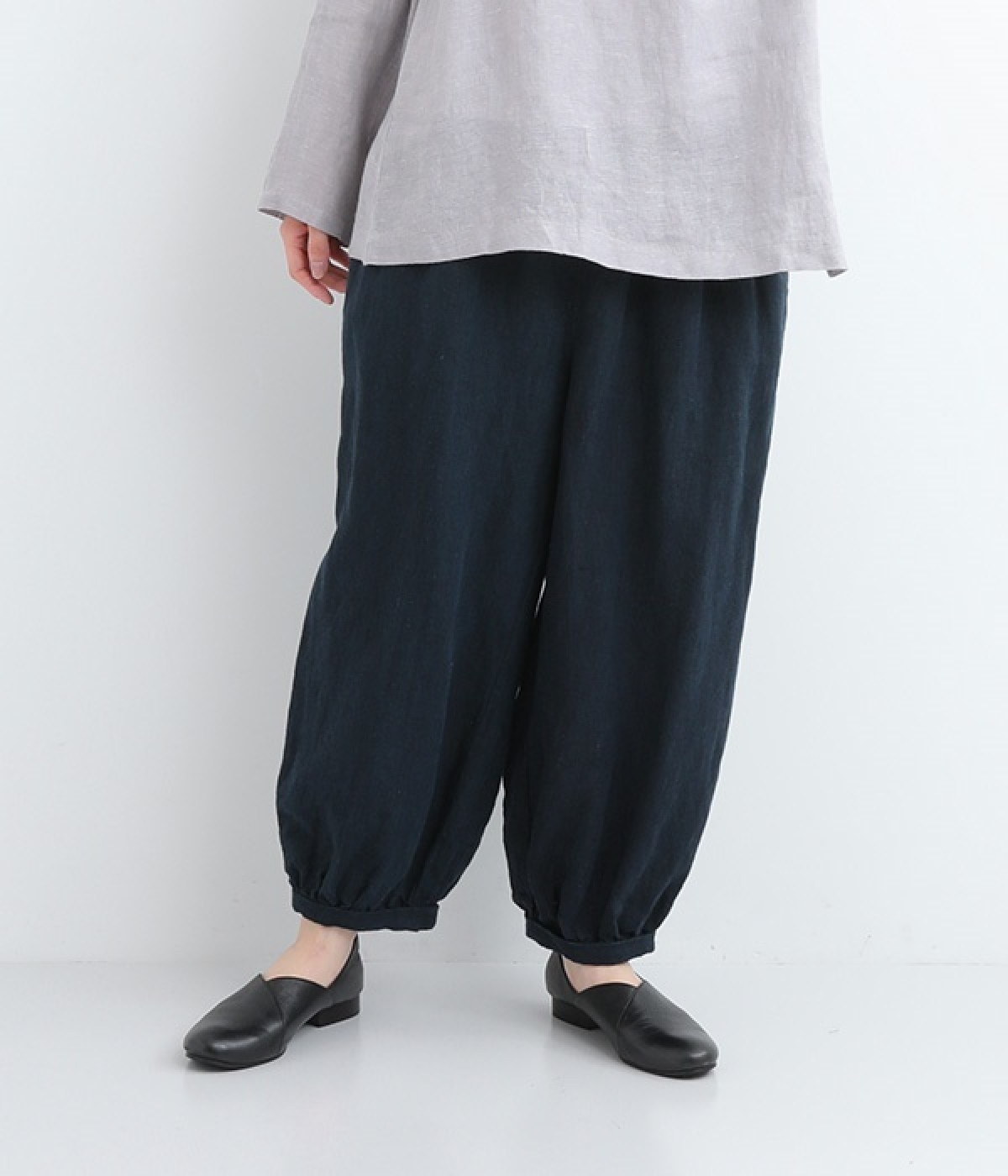 9番手リネン裾ギャザーパンツ(ネイビー-ONESIZE)