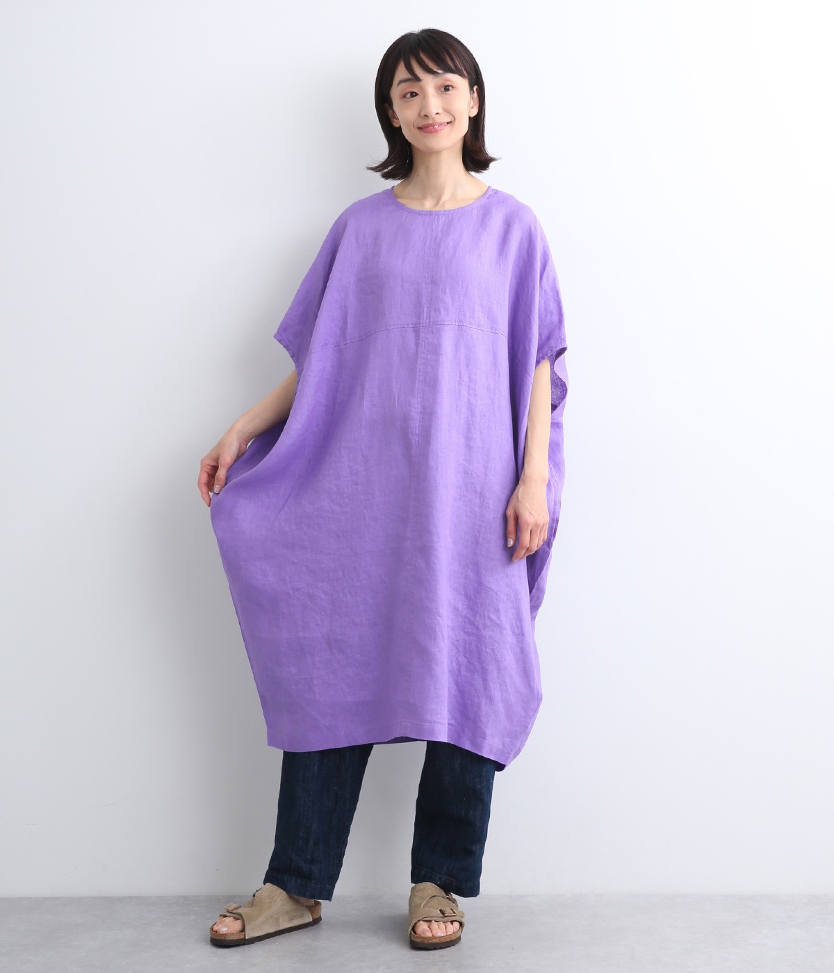 14番手リネン　切り替え後あきチュニック(ラベンダー-ONESIZE)
