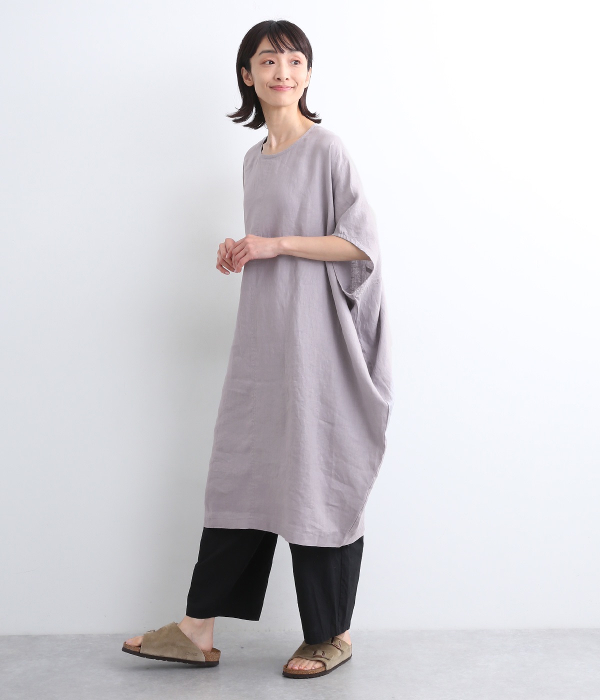 14番手リネン　切り替え後あきチュニック(スチールグレー-ONESIZE)