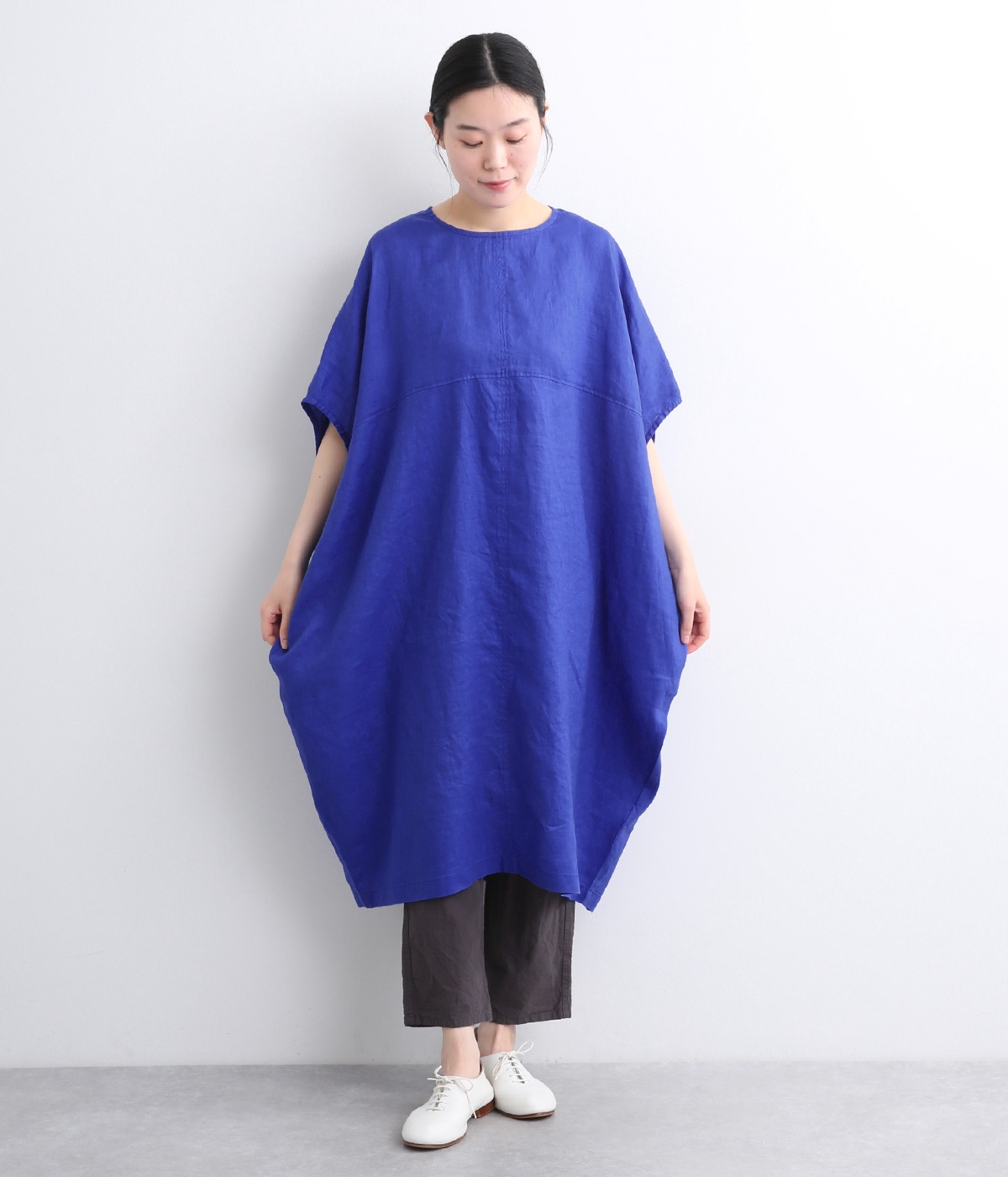 14番手リネン　切り替え後あきチュニック(ロイヤルブルー-ONESIZE)