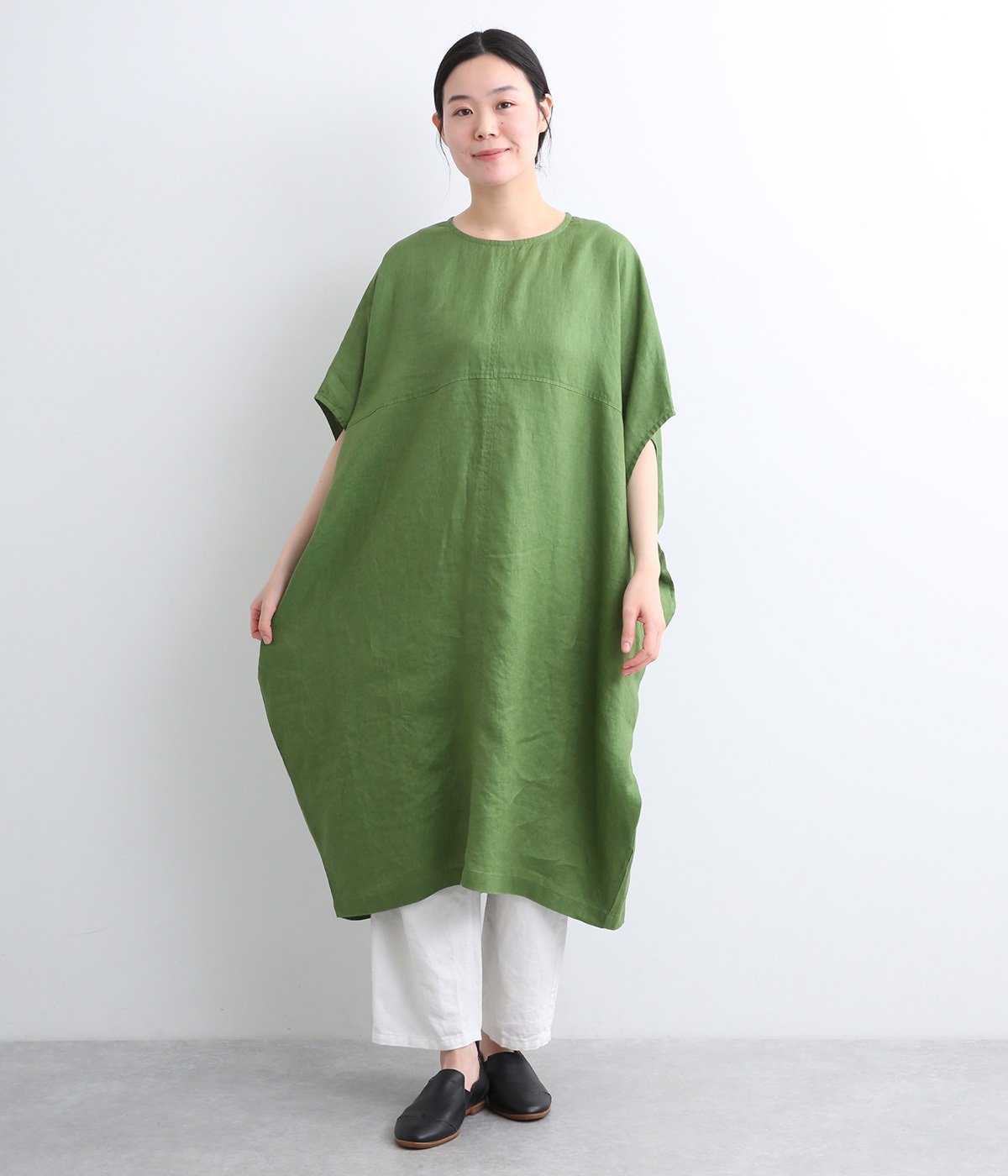 14番手リネン　切り替え後あきチュニック(グリーン-ONESIZE)
