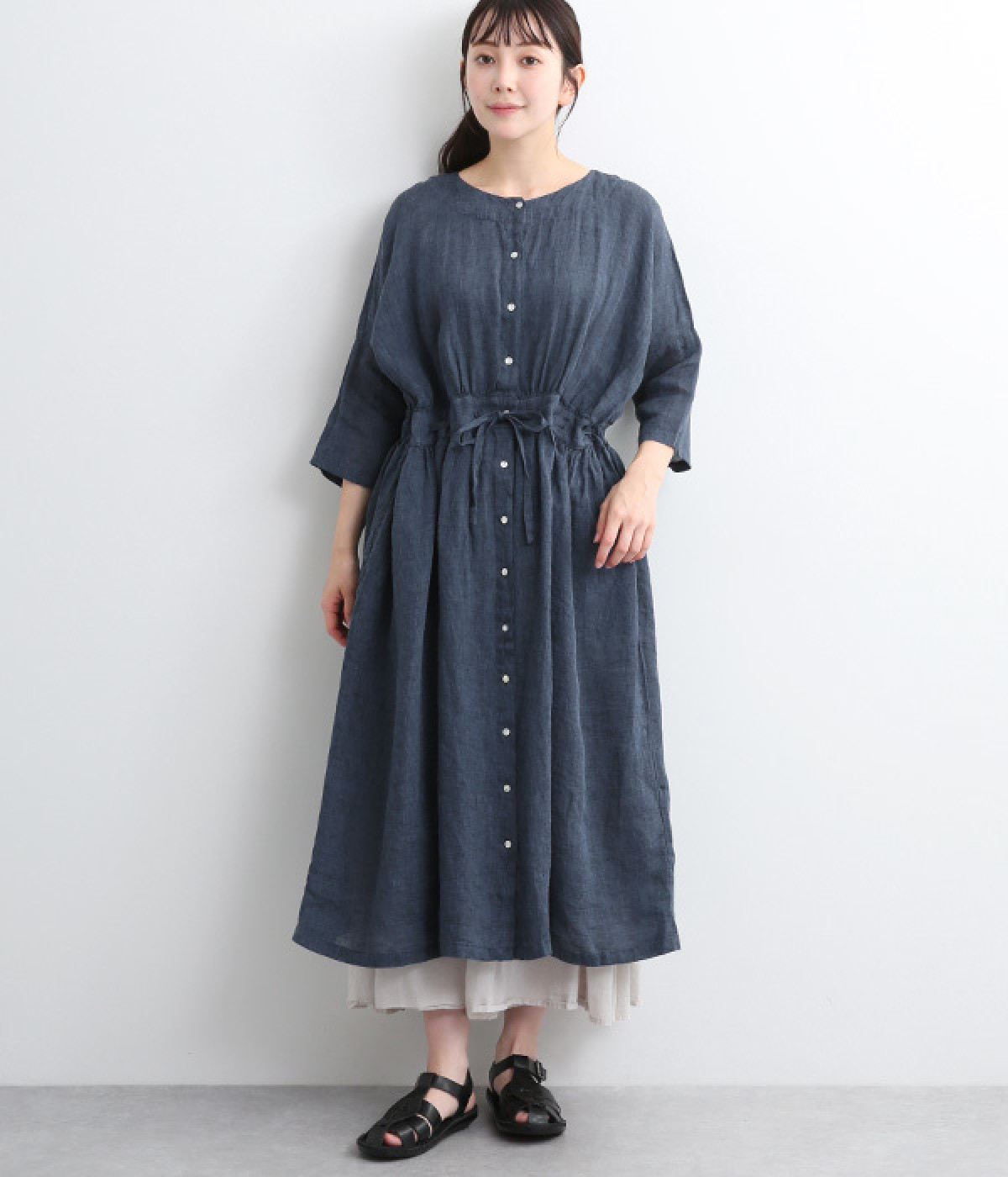 リネンシャンブレー　ウエストひもワンピース(ブルー-ONESIZE)
