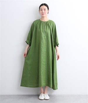 14番手リネン　多ボタンギャザーロングワンピース(グリーン-ONESIZE)
