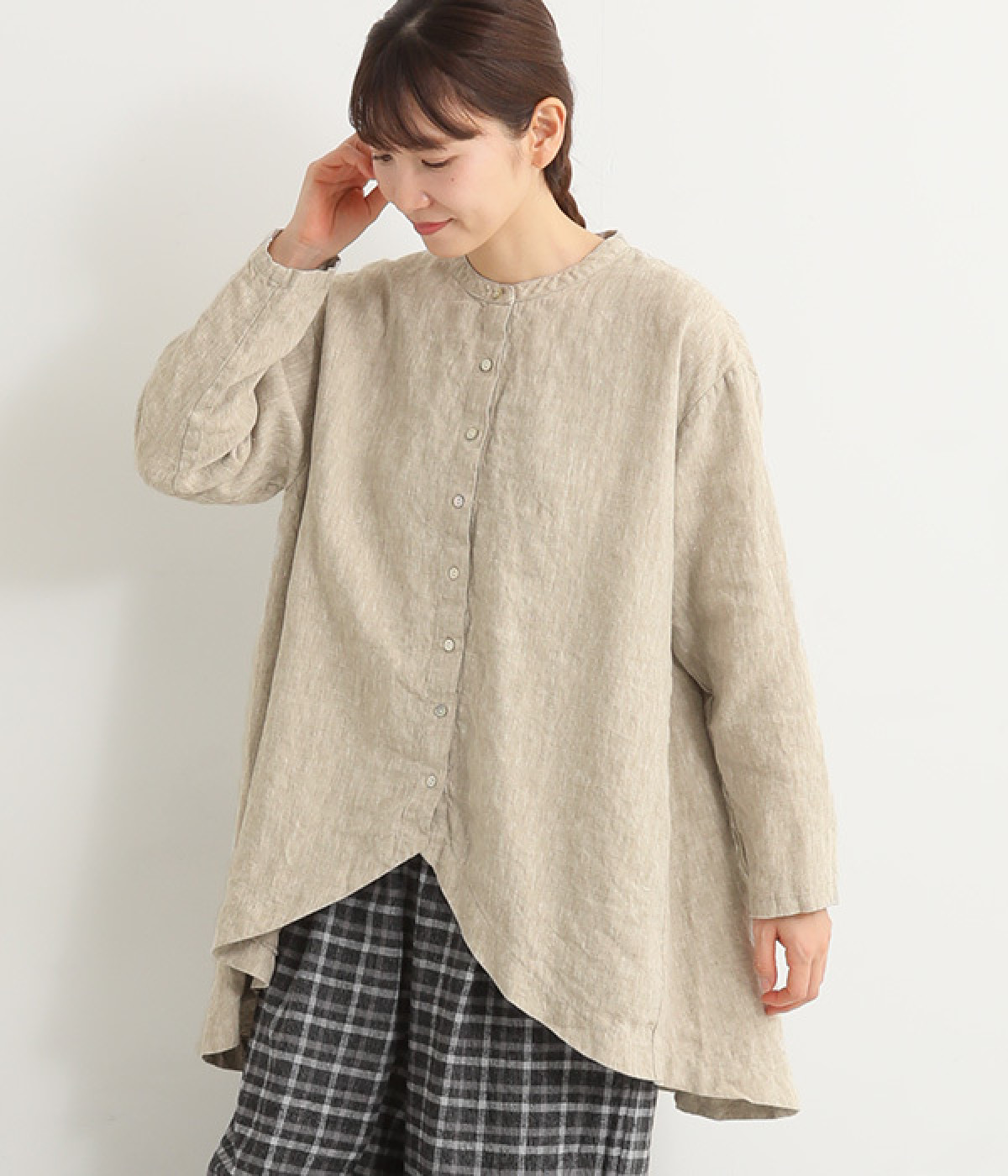 9番手リネン 後あきバンド襟シャツ(グレージュ-ONESIZE)