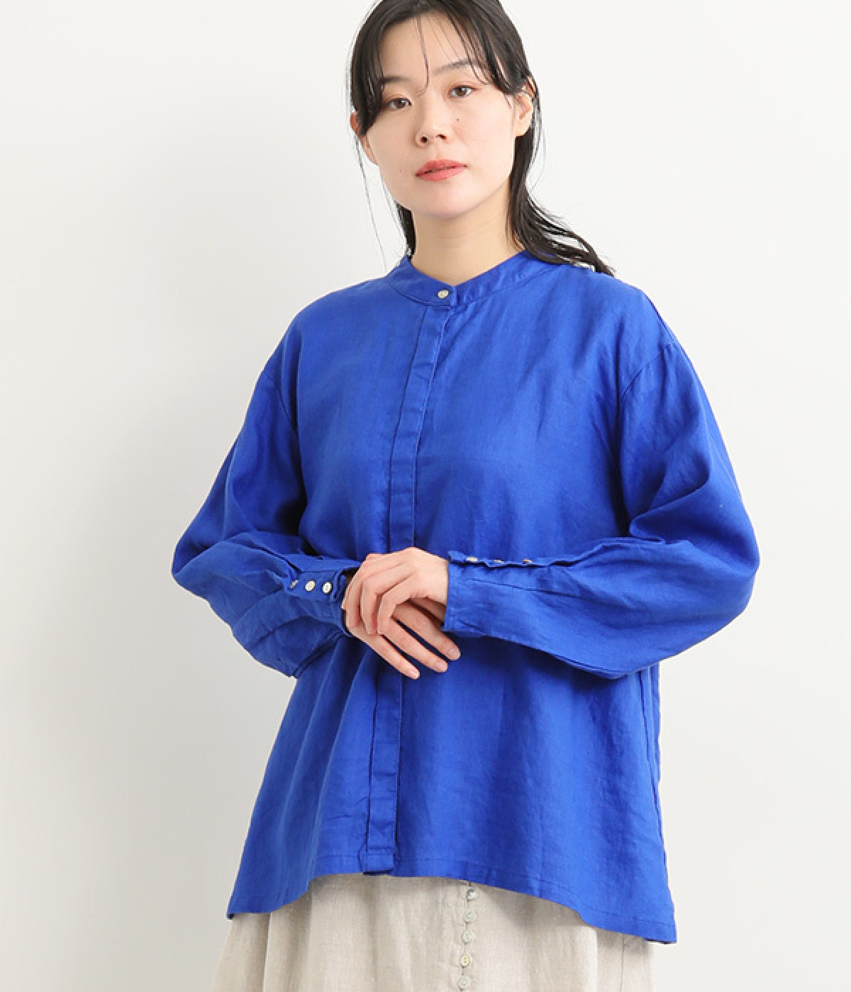 14番手リネン 配色タック切り替えシャツブラウス(ロイヤルブルー×ネイビー-ONESIZE)