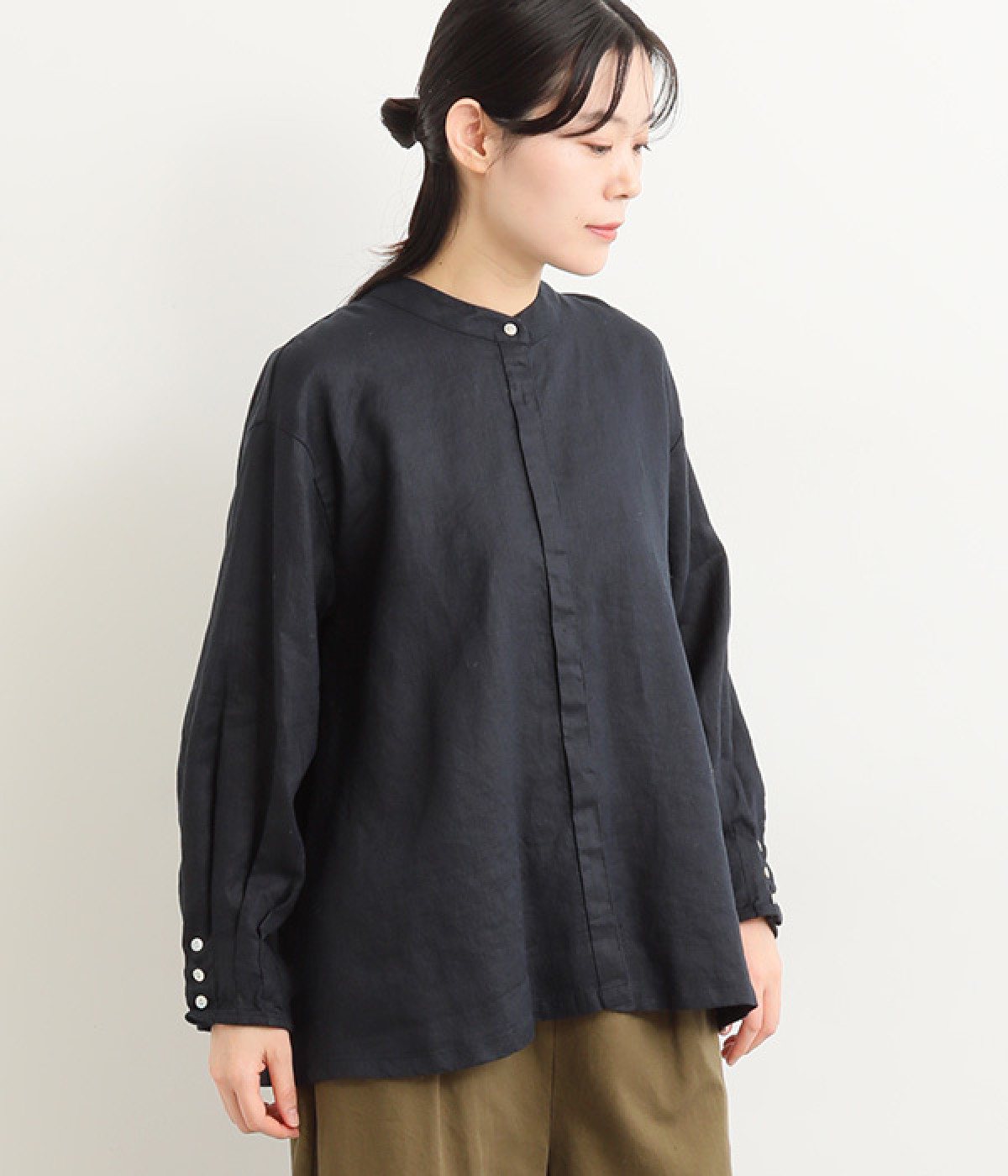 14番手リネン 配色タック切り替えシャツブラウス(ネイビー×ネイビーチェック-ONESIZE)