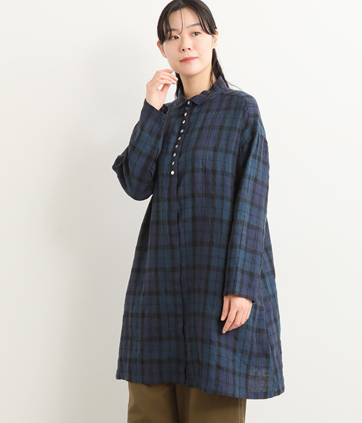 14番手リネン シャツ襟付き多ボタンチュニック(ネイビーチェック-ONESIZE)