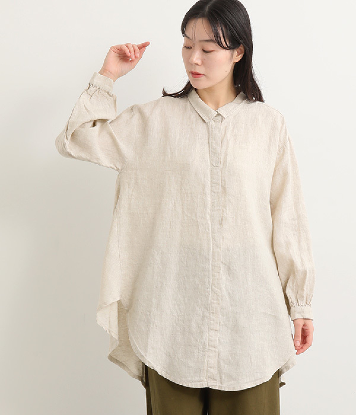 14番手リネン 後ギャザー比翼あきチュニック(キナリ-ONESIZE)