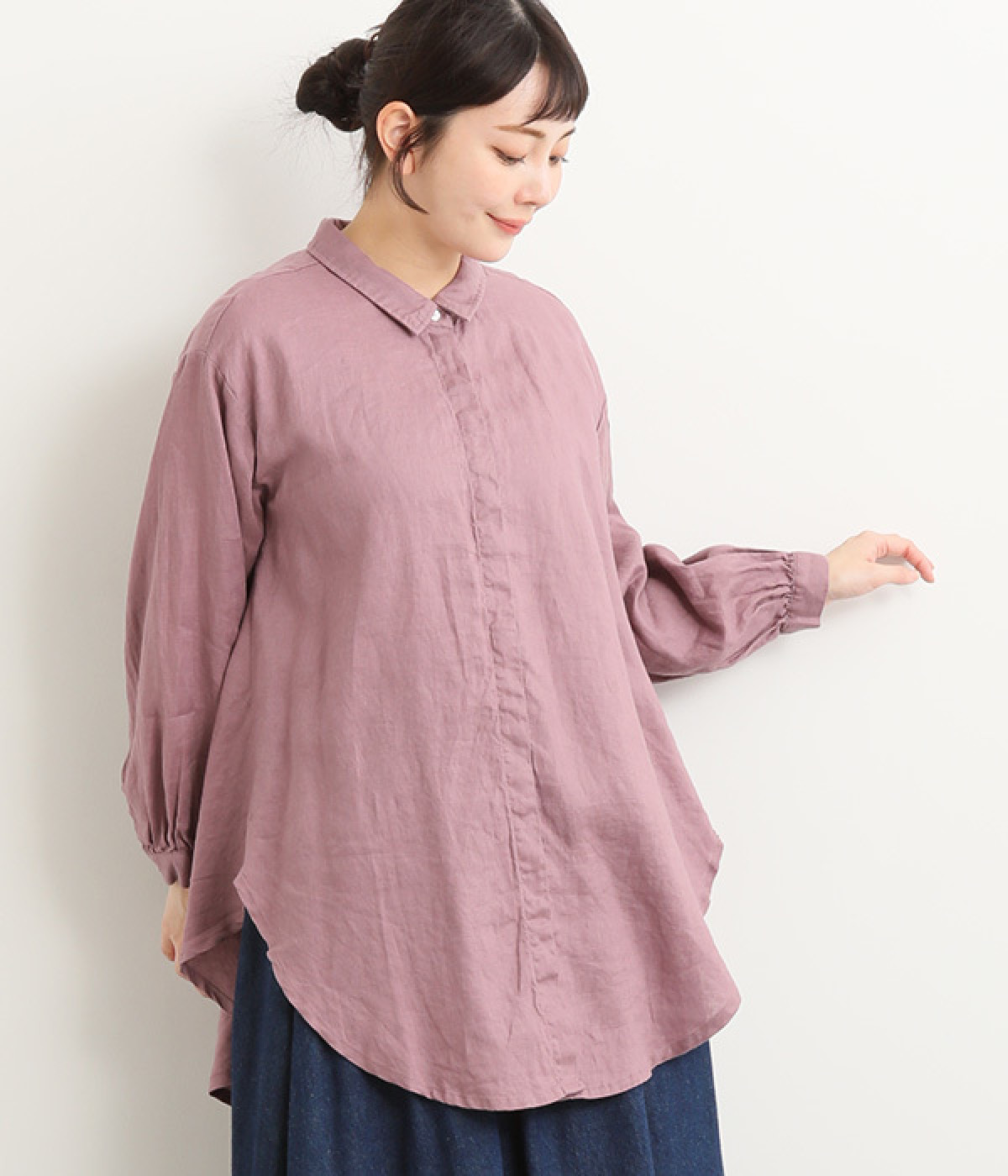14番手リネン 後ギャザー比翼あきチュニック(ダスティパープル-ONESIZE)