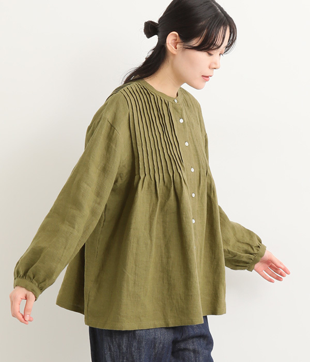 厚手リネン ピンタック前あきブラウス(モスグリーン-ONESIZE)