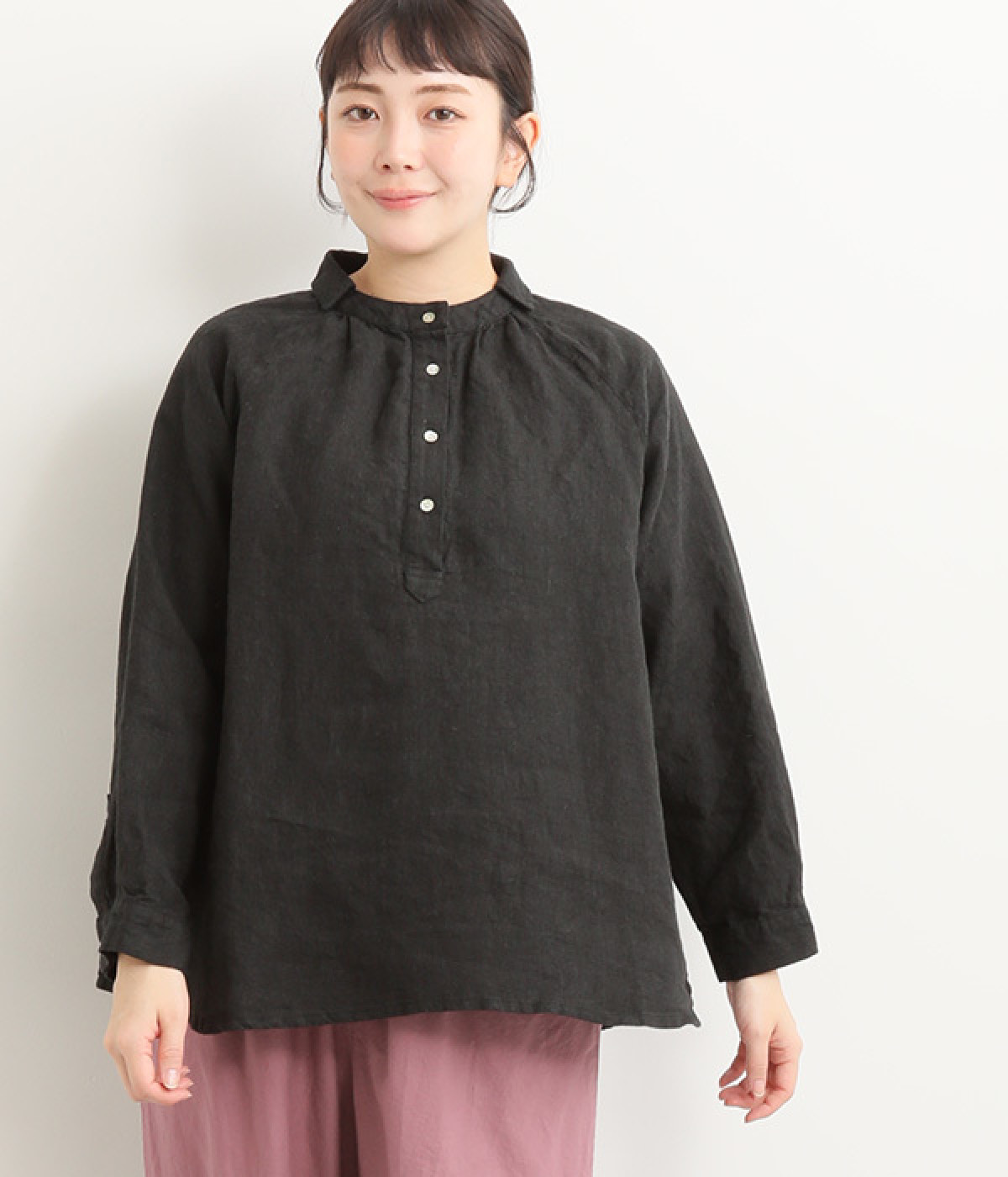 9番手リネン ヘンリーあきシャツブラウス(ブラック-ONESIZE)