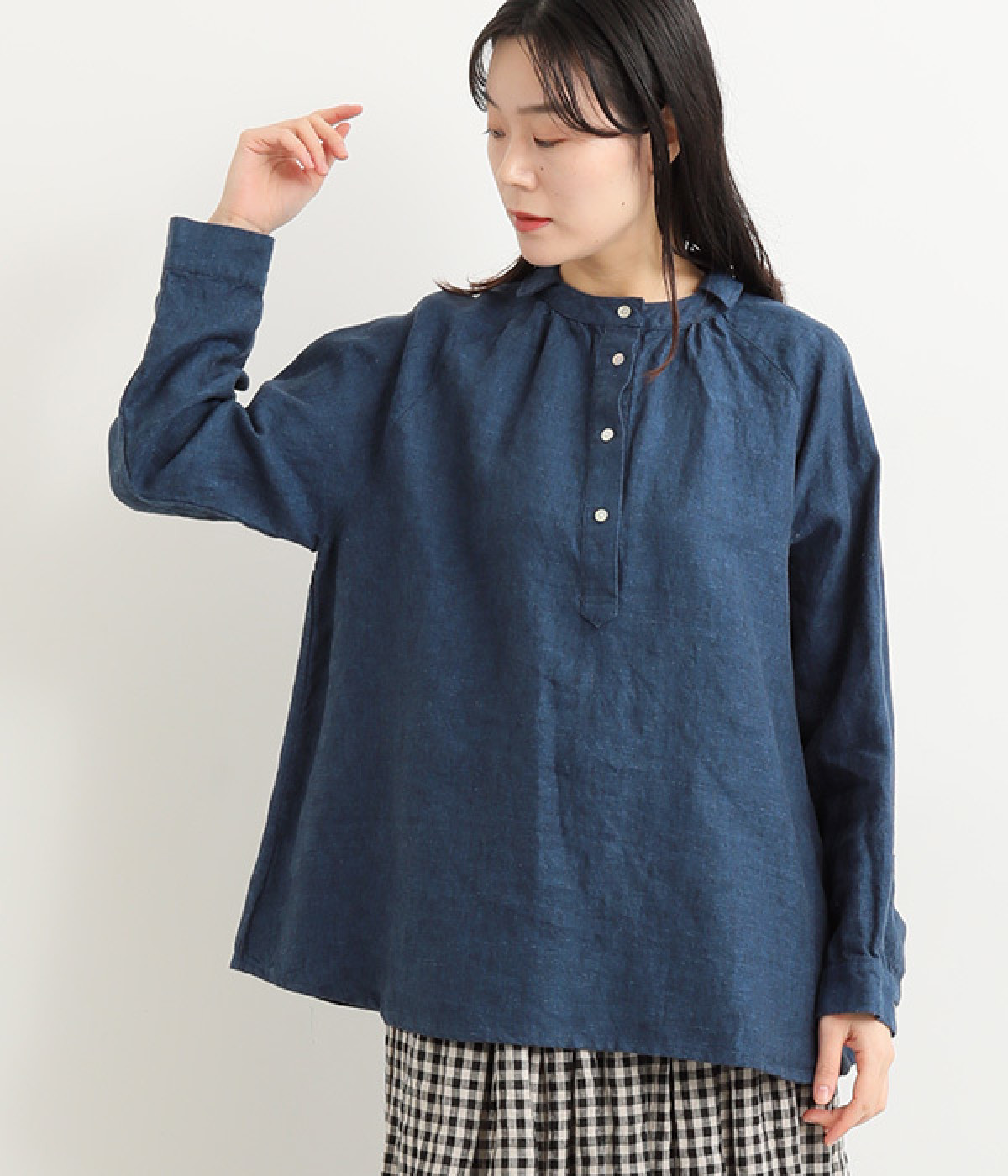 9番手リネン ヘンリーあきシャツブラウス(インディゴ-ONESIZE)