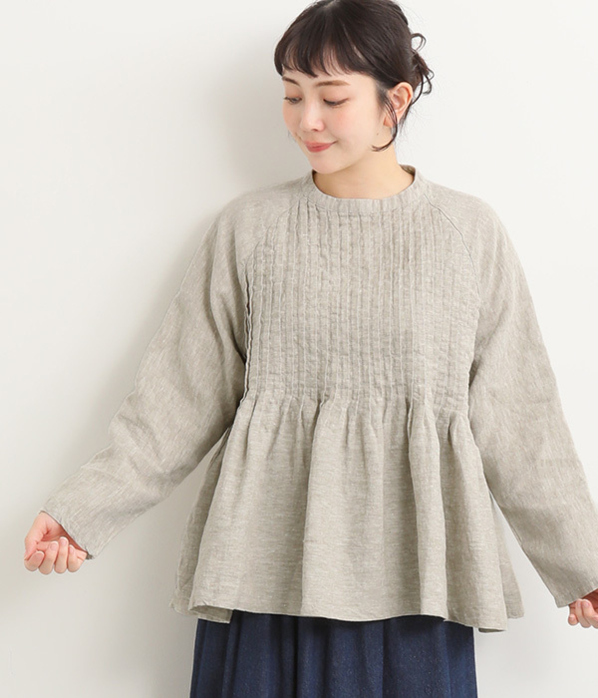9番手リネン ラグランスリーブピンタックブラウス(グレージュ-ONESIZE)