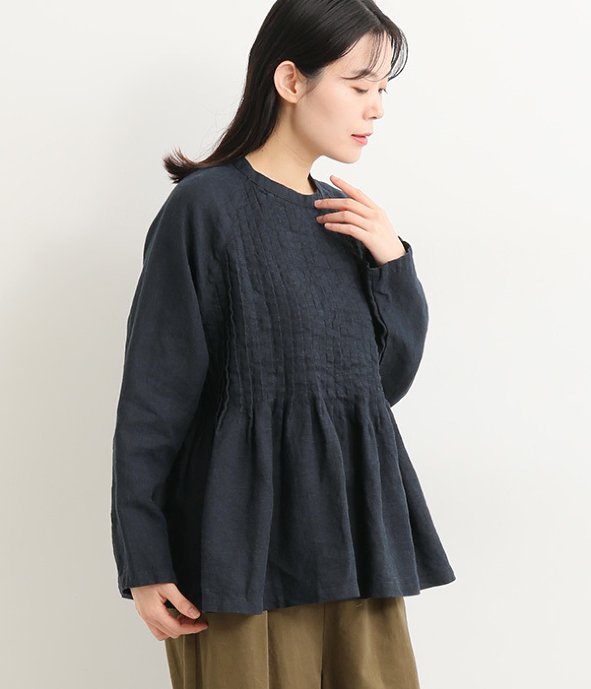 9番手リネン ラグランスリーブピンタックブラウス(ネイビー-ONESIZE)