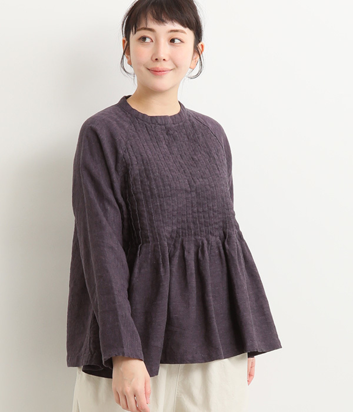 9番手リネン ラグランスリーブピンタックブラウス(パープル-ONESIZE)