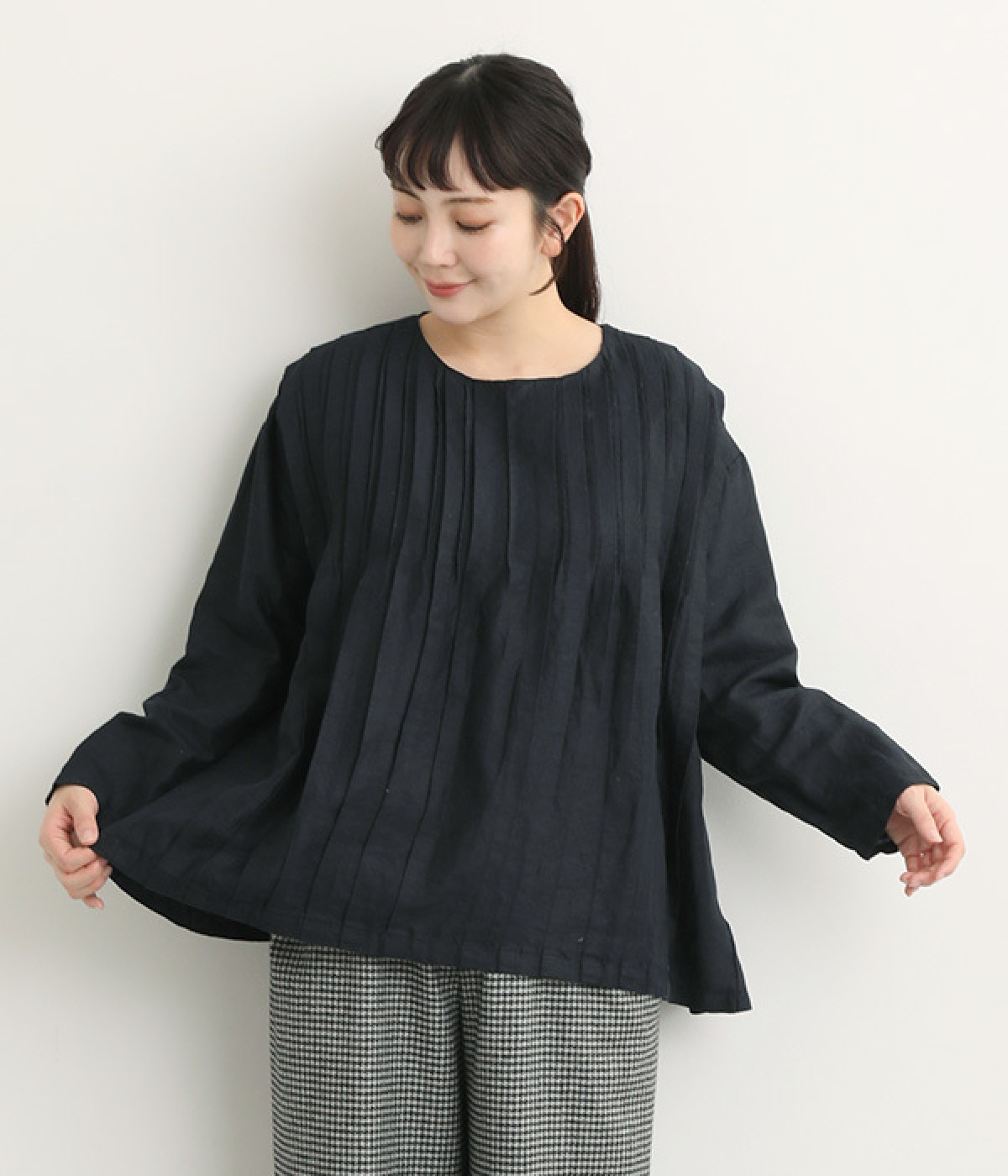 14番手リネン ピンタックバリエーションプルオーバー(ネイビー-ONESIZE)