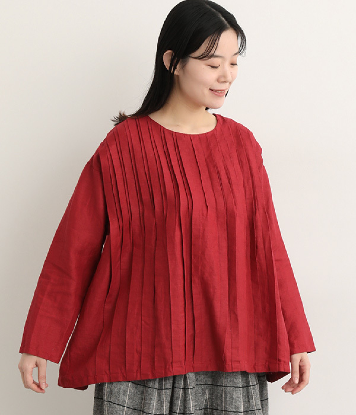 14番手リネン ピンタックバリエーションプルオーバー(レッド-ONESIZE)