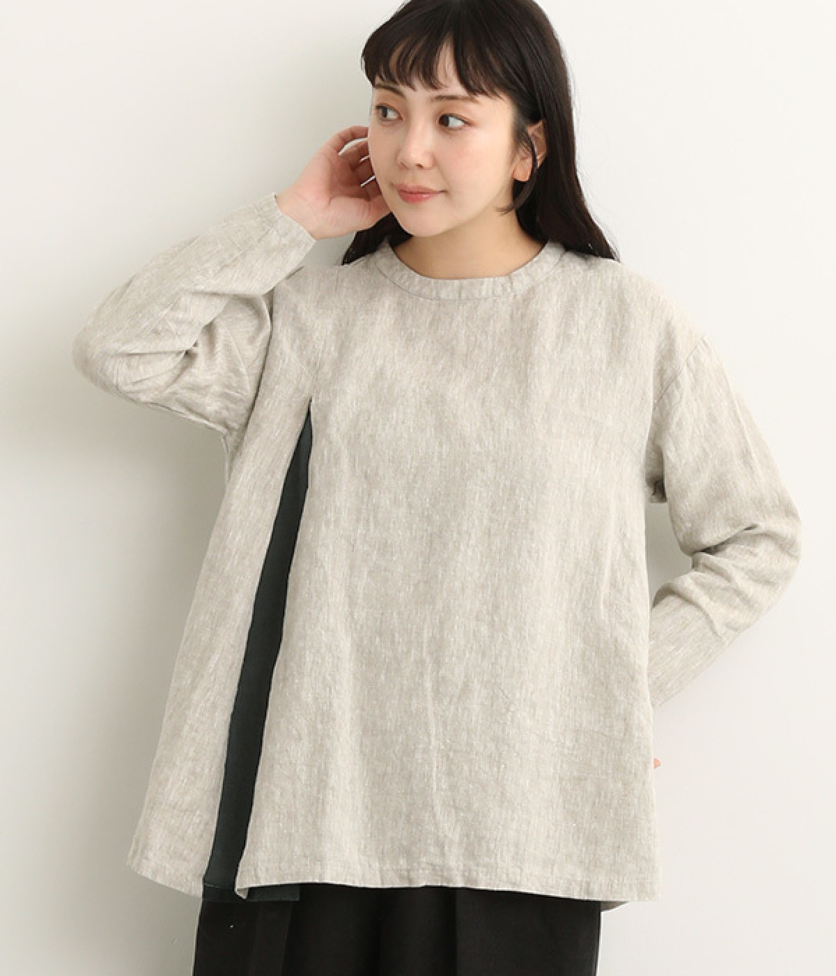 9番手リネン 配色切り替えプルオーバー(グレージュ×グリーン-ONESIZE)