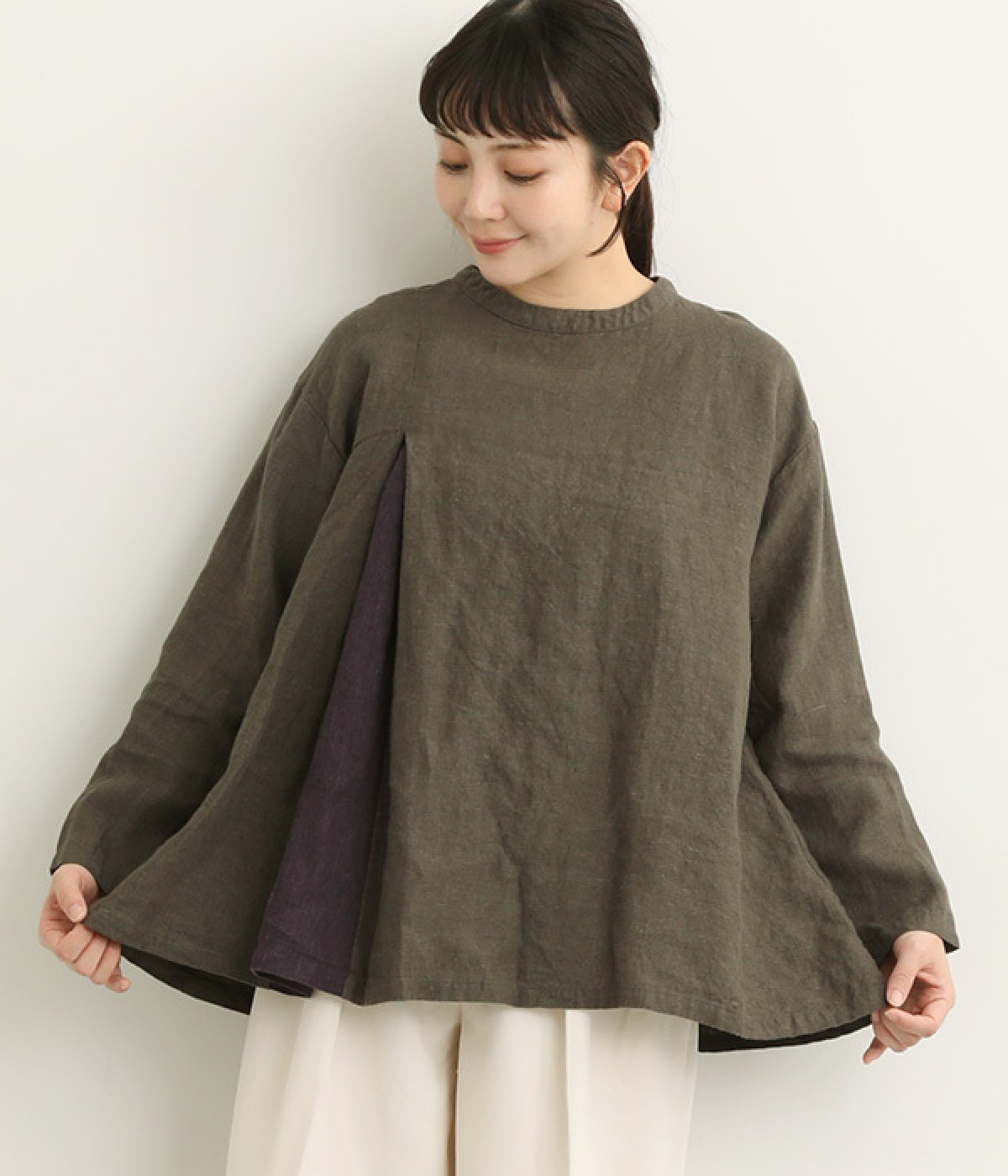 9番手リネン 配色切り替えプルオーバー(チャコール×パープル-ONESIZE)
