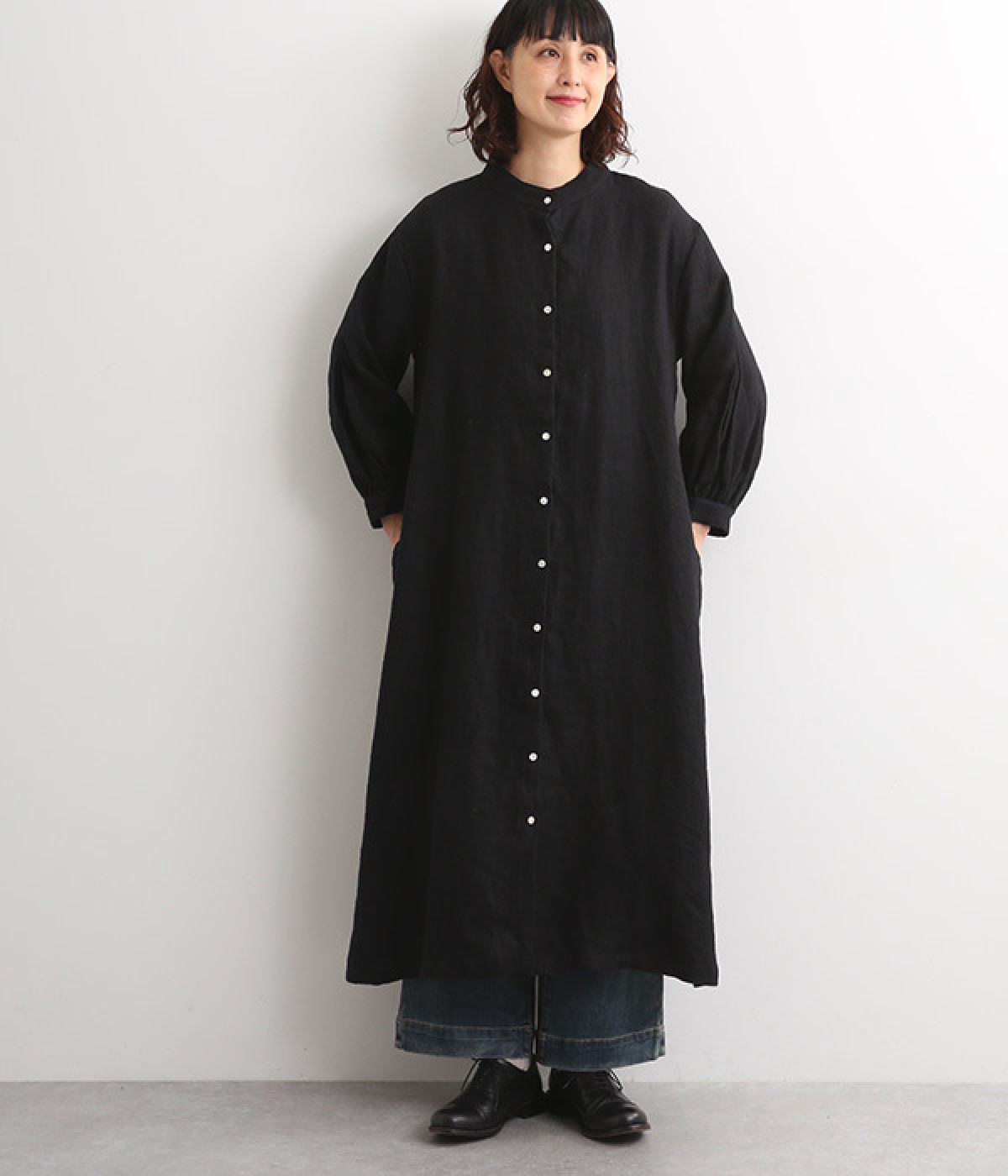 9番手起毛 リネンボリューム袖ワンピース(スミクロ-ONESIZE)